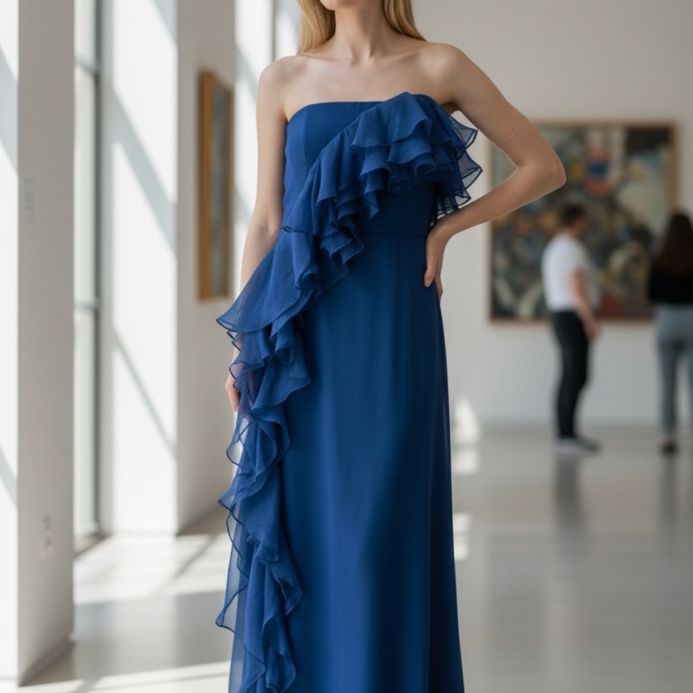 Badgley Mischka Collection Gown Size 6 Navy Strapless Soft Side Ruffle Black Tie